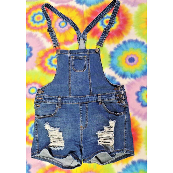 New Denim Coveralls Overalls Jean Shorts Size Large Suspenders - Picture 1 of 5